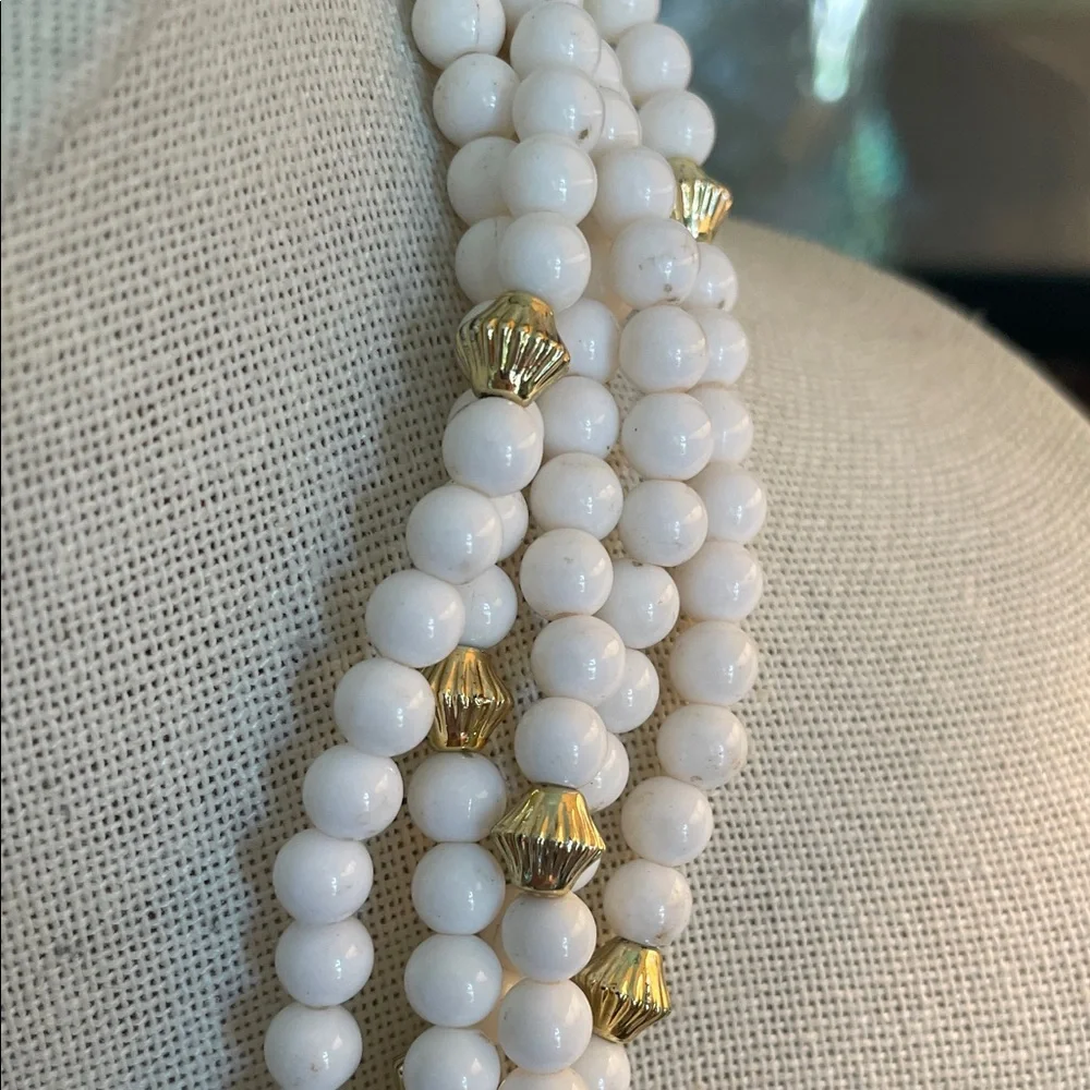 White Beaded Multi-Strand Necklace with Gold Accents